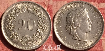 Швейцария 20 раппенов 1970 года, KM# 29a, 360o-074