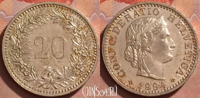 Швейцария 20 раппенов 1994 года, KM# 29a, 367k-115