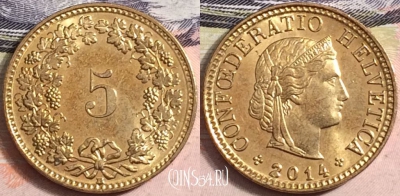 Швейцария 5 раппен 2014 года, KM# 26c, a095-085
