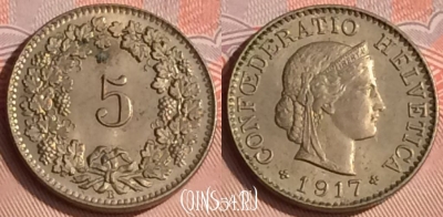Швейцария 5 раппенов 1917 года, KM# 26, 308o-136