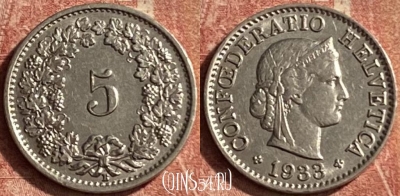 Швейцария 5 раппенов 1933 года, KM# 26b, 109p-028 ♛