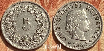 Швейцария 5 раппенов 1939 года, KM# 26b, 361q-113 ♛