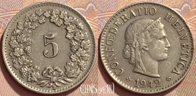 Швейцария 5 раппенов 1942 года, KM# 26, 350q-055