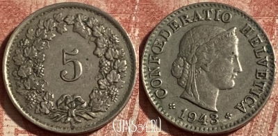 Швейцария 5 раппенов 1943 года, KM# 26, 297p-111