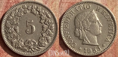 Швейцария 5 раппенов 1953 года, KM# 26, 146p-138