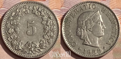 Швейцария 5 раппенов 1958 года, KM# 26, 260q-050