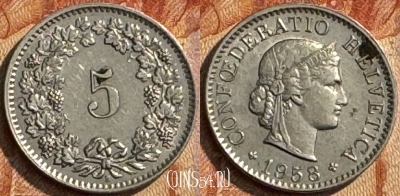 Швейцария 5 раппенов 1958 года, KM# 26, 280s-045