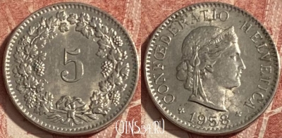 Швейцария 5 раппенов 1958 года, KM# 26, 284p-126