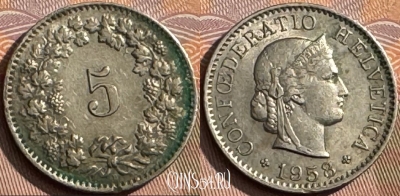 Швейцария 5 раппенов 1958 года, KM# 26, s392s-058