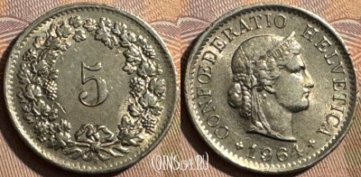Швейцария 5 раппенов 1964 года, KM# 26, s401s-118 ♛