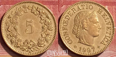 Швейцария 5 раппенов 1997 года, KM# 26c, 141l-130