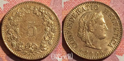 Швейцария 5 раппенов 2009 года, KM# 26c, 344-093
