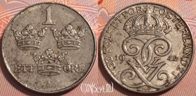Швеция 1 эре 1942 года, KM# 810, 249-038