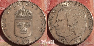 Швеция 1 крона 1987 года, KM# 852a, 215-089