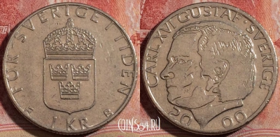 Швеция 1 крона 2000 года, KM# 852a, 215-091