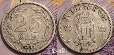 Швеция 25 эре 1907 года, Ag, KM# 775, 234-060