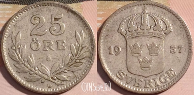 Швеция 25 эре 1937 года, Серебро, KM# 785, a063-085