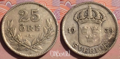 Швеция 25 эре 1938 года Ag, KM# 785, 179c-075