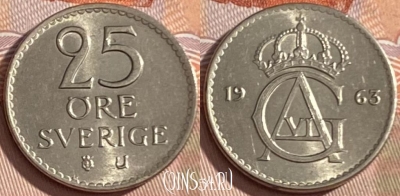 Швеция 25 эре 1963 года, KM# 836, 472r-038