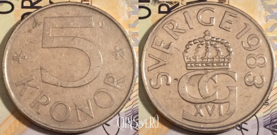 Швеция 5 крон 1983 года, KM# 853, 187-135