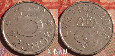 Швеция 5 крон 2008 года, KM# 853a, 195a-014