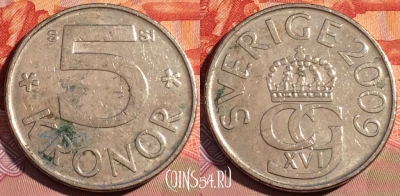 Швеция 5 крон 2009 года, KM# 853a, 084c-100