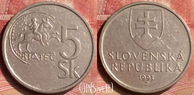 Словакия 5 крон 1993 года, KM# 14, 090m-130