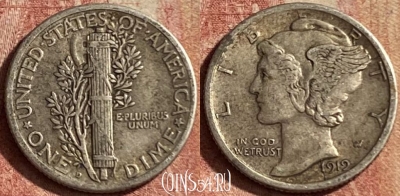США 10 центов 1919 года Ag, KM# 140, 135p-132 ♛
