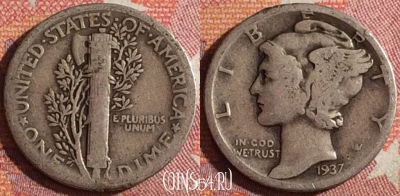США 10 центов 1937 года, Ag, KM# 140, 361-017