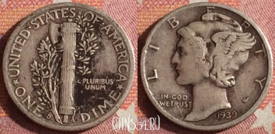 США 10 центов 1939 года Ag, KM# 140, 361-063