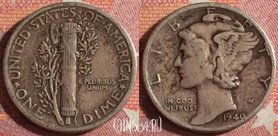 США 10 центов 1940 года Ag, KM# 140, 361-072