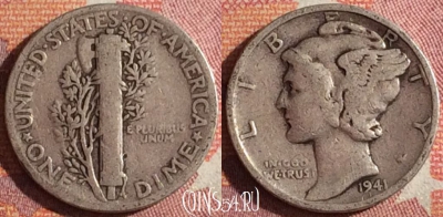 США 10 центов 1941 года Ag, KM# 140, 361-044