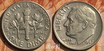 США 1 дайм 1967 года, KM# 195a, 287s-034