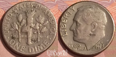 США 1 дайм 1973 года D, KM# 195a, 348k-038