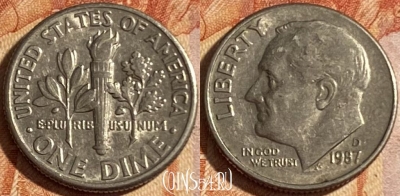 США 1 дайм 1987 D, KM# 195a, 490р-140
