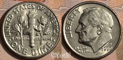 США 1 дайм 1990 D, KM# 195a, 146s-128 ♛