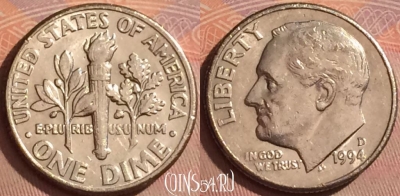 США 1 дайм 1994 года D, KM# 195a, 376k-109