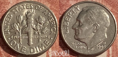 США 1 дайм 1995 D, KM# 195a, 485р-018 ♛