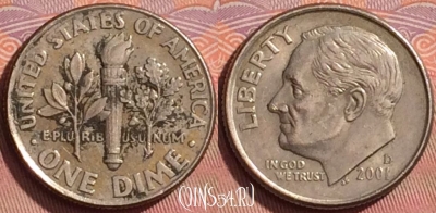 США 1 дайм 2001 года D, KM# 195a, 206l-057