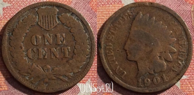 США 1 цент 1901 года, KM# 90a, 352-092