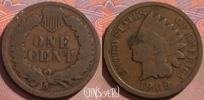США 1 цент 1906 года, редкая, KM# 90a, 134j-129