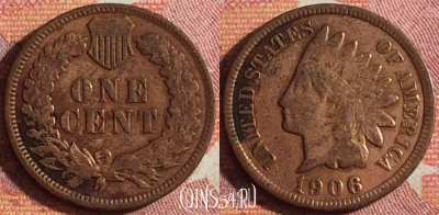 США 1 цент 1906 года, KM# 90a, 361-069