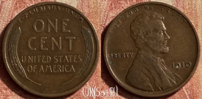 США 1 цент 1910 года, KM# 132, 123p-065 ♛