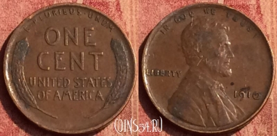 США 1 цент 1910 года, редкая, KM# 132, 389o-091 ♛
