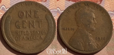 США 1 цент 1911 года, KM# 132, 486р-073 ♛