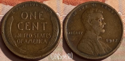 США 1 цент 1917 года, KM# 132, 292q-010 ♛
