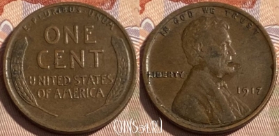 США 1 цент 1917 года, KM# 132, 496р-140 ♛