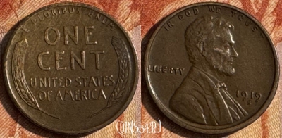 США 1 цент 1919 S, KM# 132, 150s-019 ♛