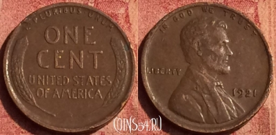 США 1 цент 1921 года, редкая, KM# 132, 389o-062 ♛