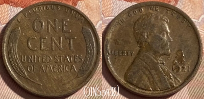 США 1 цент 1921 г., редкая, KM# 132, 490р-075 ♛